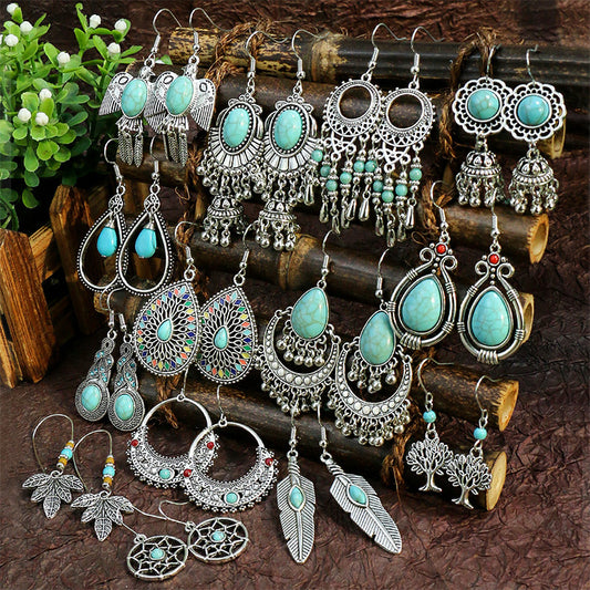 Silver Geometric Metal Turquoise Earrings