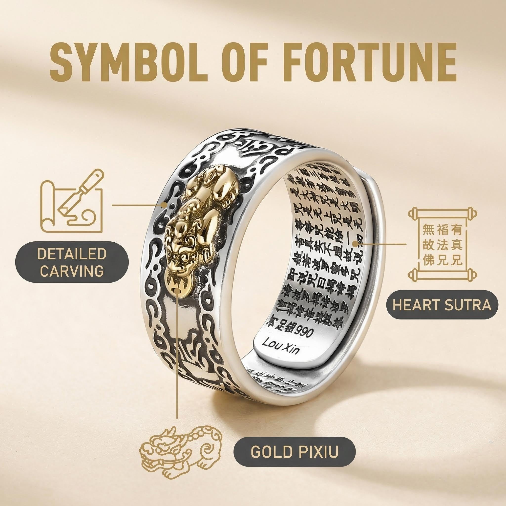 Bague Mantra Pixiu Feng Shui - Richesse et Protection