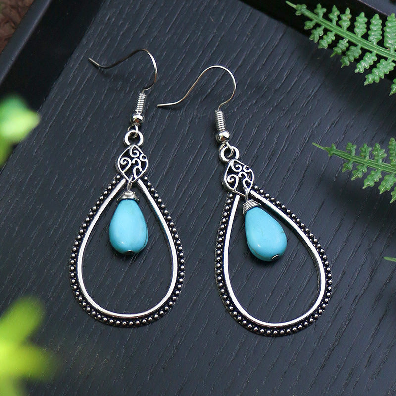 Silver Geometric Metal Turquoise Earrings